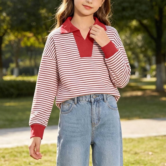 Lutiedan Striped Sweatshirt for Girls Fall Winter V Neck Pullover Tops Casual Long Sleeve Warm Sweatshirts Size 5-15,Red