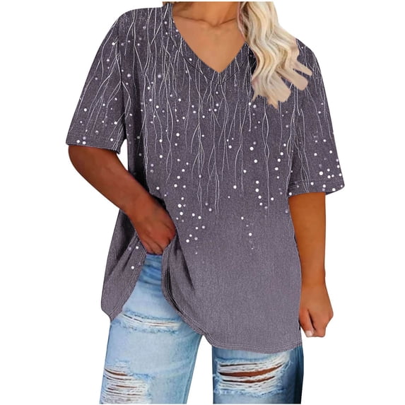 Lutiedan Summer Tops for Women Oversized Breathable Short Sleeve T Shirts Trendy V Neck Gradient Printed Casual Tunic Workout Shirts