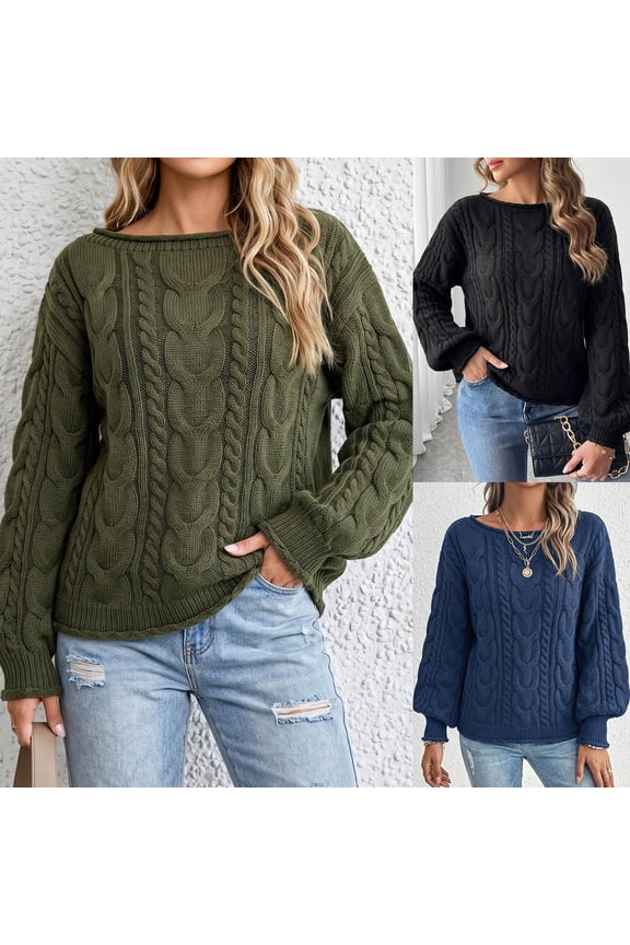 Sweaters for Women Long Sleeve Boat Neck Cable Knit Pullover Tops Casual Fall Winter Solid Color Shirts,Navy