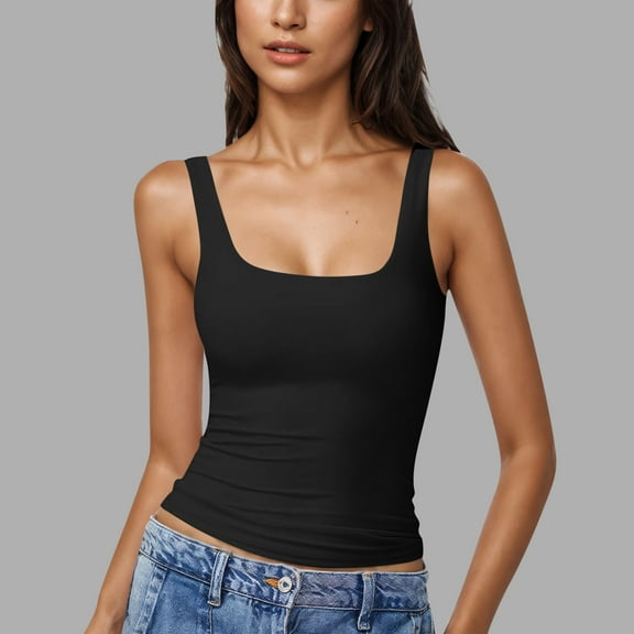 Lutiedan Tank Tops for Women Crewneck Thick Strap Double Lined Basic Workout Camisole Fitted Basic Sleeveless Fashion Summer Tops