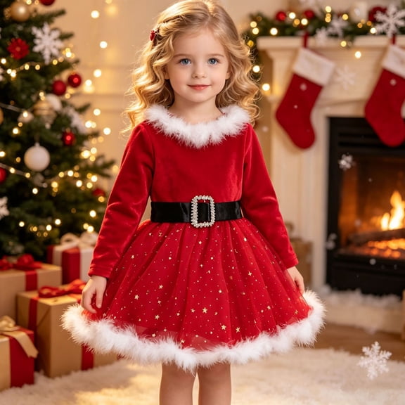 Lutiedan Toddler Girls Christmas Dress, Star Glitter Tulle Dress with Faux Furs Trim, Bow Hairband and Belt Princess Dress Set 12M-6T,Red