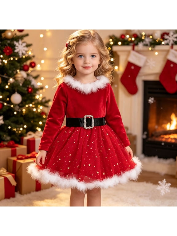 Toddler Girls Christmas Dress, Star Glitter Tulle Dress with Faux Furs Trim, Bow Hairband and Belt Princess Dress Set 12M-6T,Red