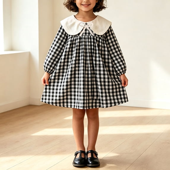 Lutiedan Toddler Girls Gingham Dress Puff Long Sleeve Peter Pan Collar Babydoll Dress Cute Casual A-Line Mini Dress Size 1-8,Black