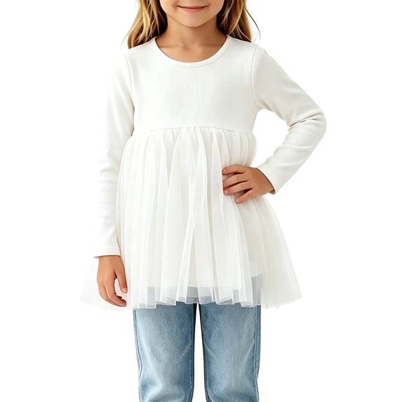 Lutiedan Toddler Girls Long Sleeve Tulle Peplum Tops Crew Neck Mesh Tutu Hem Shirts Casual Princess Flowy Shirts 0-3,White