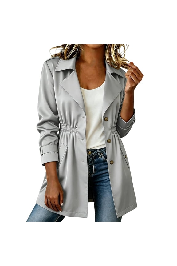 Trench Coat for Women Button Down Long Sleeve Windproof Jacket Baggy Casual Smocked Waist Overcoat with Pocket S-XXL