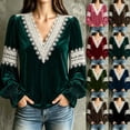 thumbnail image 1 of Lutiedan Velvet Tops for Women Lace V Neck Puff Long Sleeve Shirts Dressy Casual Fall Winter Velour Blouses S-XXL, 1 of 8