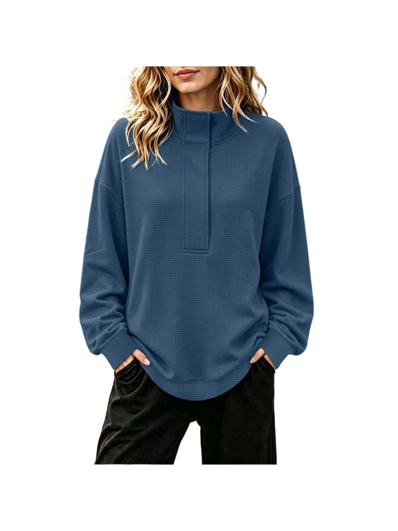 Waffle Knit Shirts for Women Half Snap Button Long Sleeve Pullover Tops Casual Baggy Mock Neck Workout Shirts S-XXL