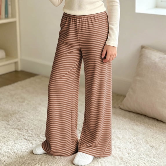 Lutiedan Wide Leg Striped Pants for Girls High Waisted Elastic Baggy Pants Casual Fall Winter Trousers with Pockets Size 4-16,Brown