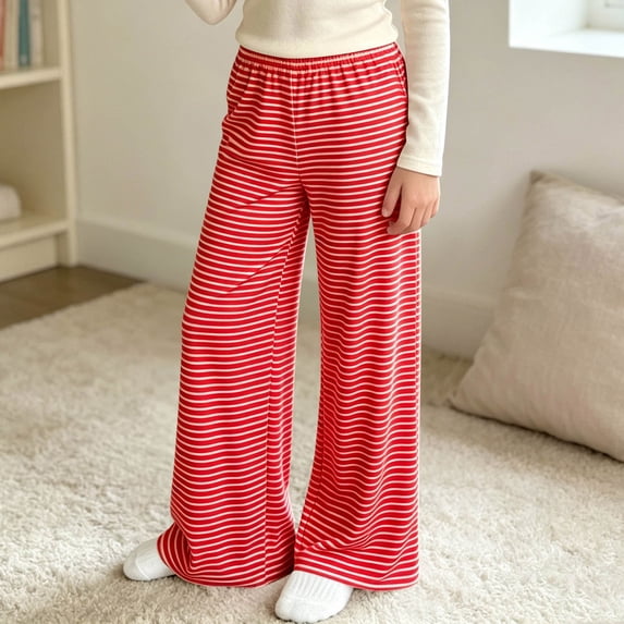 Lutiedan Wide Leg Striped Pants for Girls High Waisted Elastic Baggy Pants Casual Fall Winter Trousers with Pockets Size 4-16,Red
