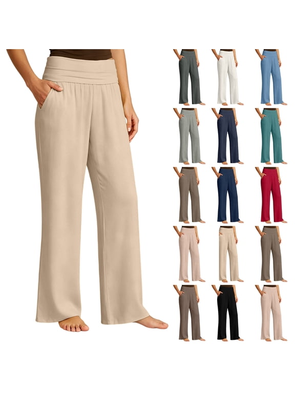 Wide Leg Yoga Pants for Women High Waisted Athletic Lounge Pants Stretch Baggy Workout Pants with Pocket,Brown,M