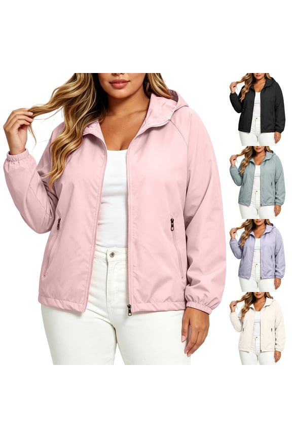 Windbreaker Jacket for Women Zip Up Waterproof Hooded Raincoats Lightweight Casual Workout Jackets,White,XS