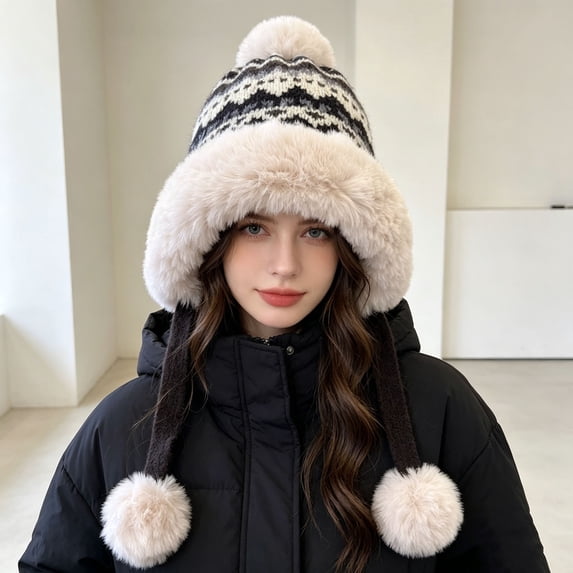 Lutiedan Winter Sherpa Knit Beanie Hat for Women Ear Flaps Ski Snow Hats with 3 Pom Poms Faux Furs Warm Beanie Hat,Black