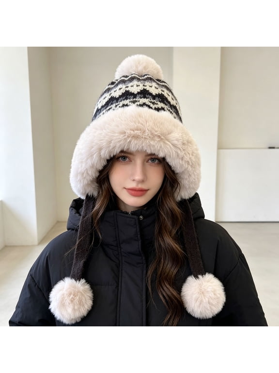 Winter Sherpa Knit Beanie Hat for Women Ear Flaps Ski Snow Hats with 3 Pom Poms Faux Furs Warm Beanie Hat,Black
