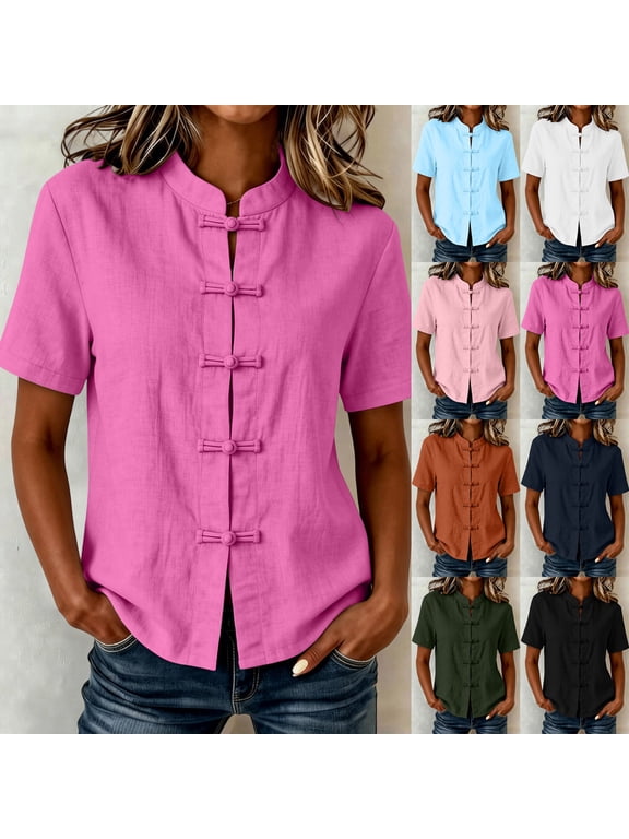Women's Chinese Frog Buttons Shirts Short Sleeve Retro Mandarin Collar Tops Casual Soft Solid Blouses S-XXL