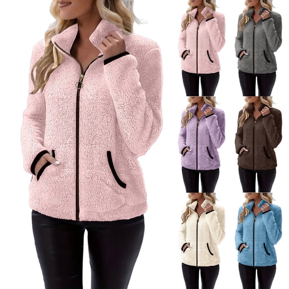 Lutiedan Women's Fleece Jacket Zip Up Fuzzy Cozy Sherpa Jacket Fall Winter Warm Long Sleeve Outerwear with Pocket,Beige