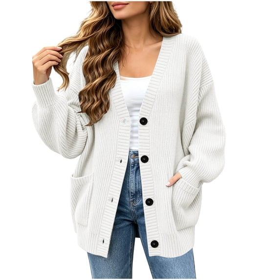 Lutiedan Women's Oversized Cardigan Long Sleeve Button up Chunky Knit Cardigan Fall Casual V Neck Sweater Coat with Pocket S-XXL,White