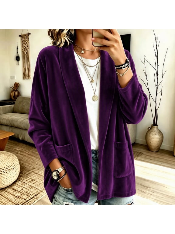 Women's Plus Velvet Cardigans Long Sleeve Open front Cardigan Fall Winter Casual Warm Cardigan with Pockets S-5XL,Purple