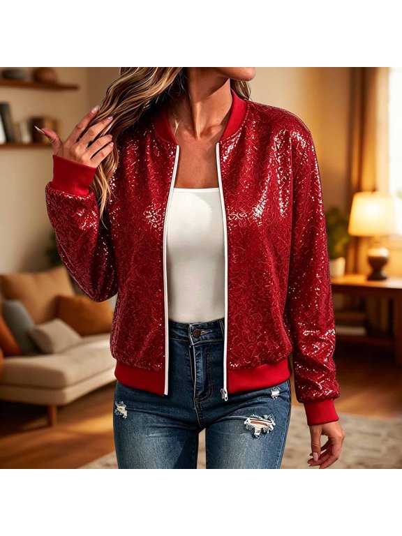 Women's Sequin Bomber Jacket Sparkly Long Sleeve Zip up Cropped Jackets Fall Casual Shinny Jackets S-XXL,Red