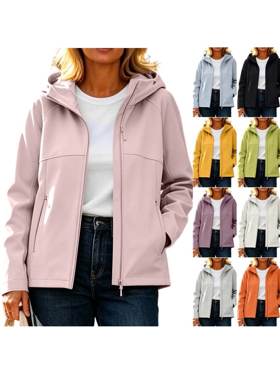Women's Waterproof Rain Coat Hooded Zip up Softshell Windbreaker Casual Windproof Hiking Jacket with Pockets XS-3XL