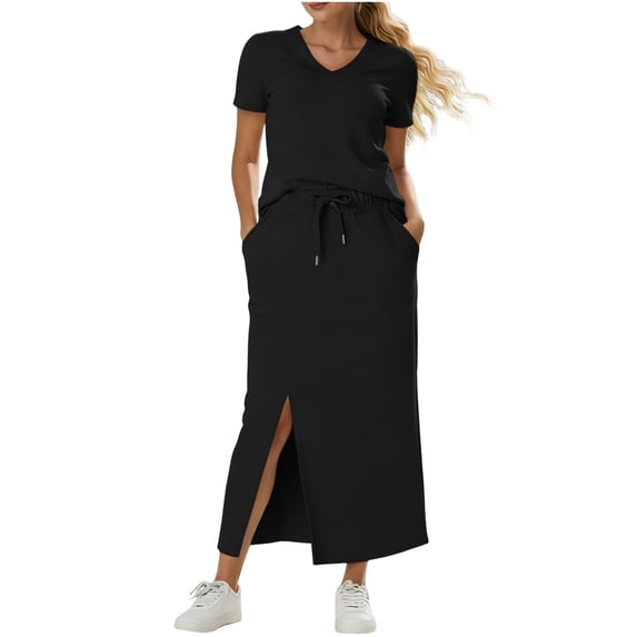 Lutiedan Womens 2 Piece Long Skirt Sets V Neck Short Sleeve Tops and Side Slit Stretchy Drawstring Skirt Set Summer Casual Vacation Outfits