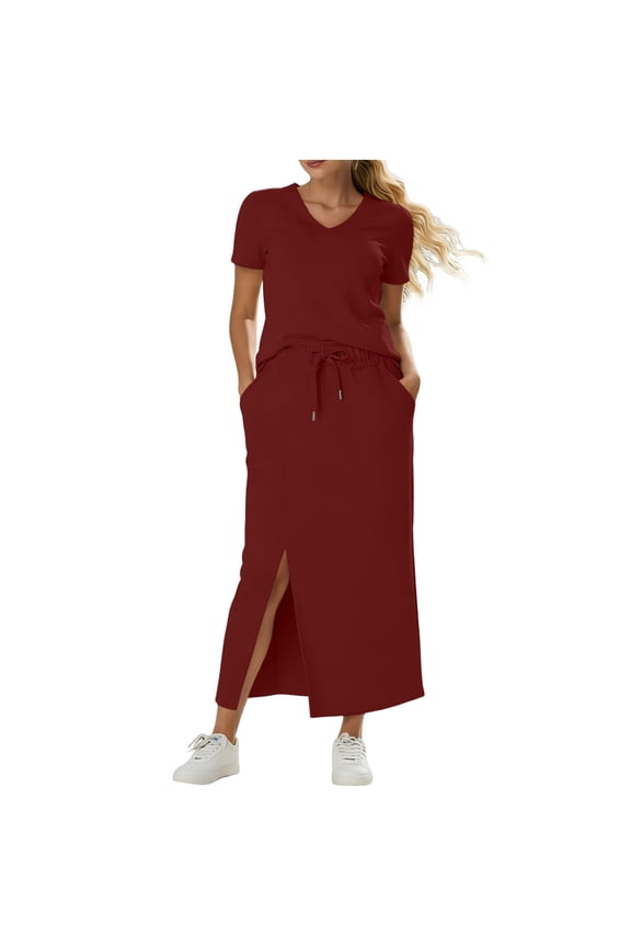 Womens 2 Piece Long Skirt Sets V Neck Short Sleeve Tops and Side Slit Stretchy Drawstring Skirt Set Summer Casual Vacation Outfits