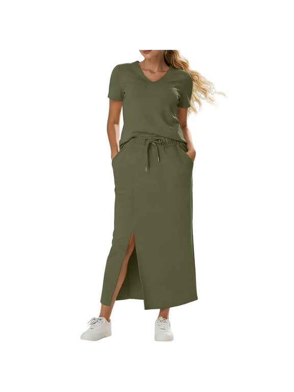 Womens 2 Piece Long Skirt Sets V Neck Short Sleeve Tops and Side Slit Stretchy Drawstring Skirt Set Summer Casual Vacation Outfits