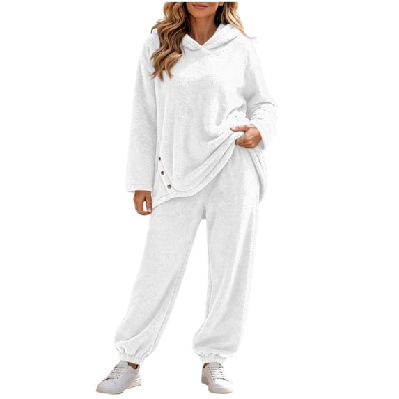 Lutiedan Womens 2 Piece Sherpa Set Oversized Long Sleeve Hoodie and Joggers Outfit Casual Winter Warm Sweatsuits S-XXL