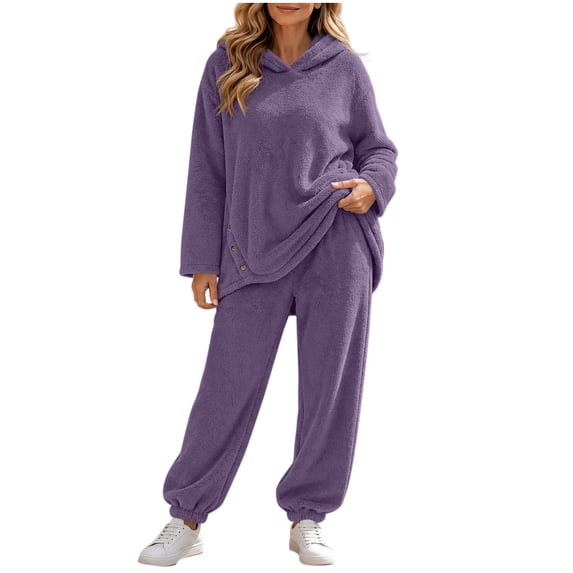 Lutiedan Womens 2 Piece Sherpa Set Oversized Long Sleeve Hoodie and Joggers Outfit Casual Winter Warm Sweatsuits S-XXL