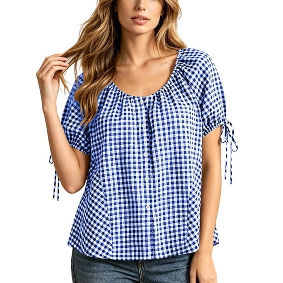 Lutiedan Womens Button Down Shirts Short Sleeve Drawstring Cuffs Scoop Neck Plaid Tops Summer Loose Fit Babydoll Blouse