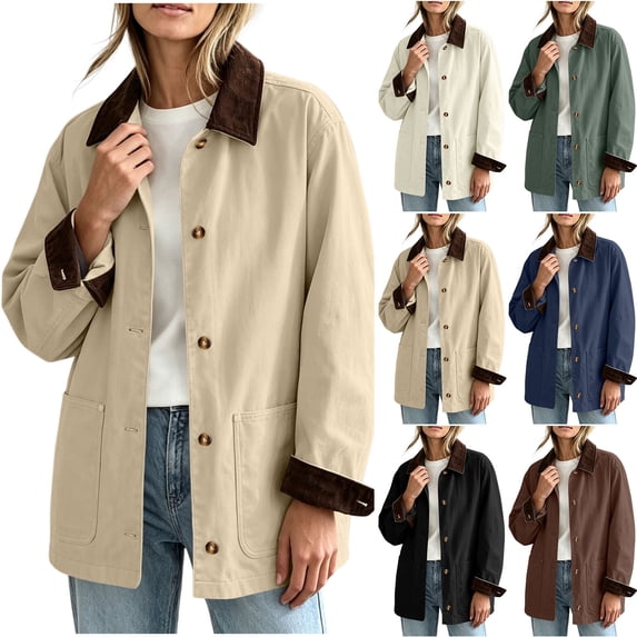 Lutiedan Womens Button down Barn Jackets Fall Oversized Vintage Corduroy Collar Coat Casual Long Sleeve Utility Jackets with Pockets S-XXL,Beige