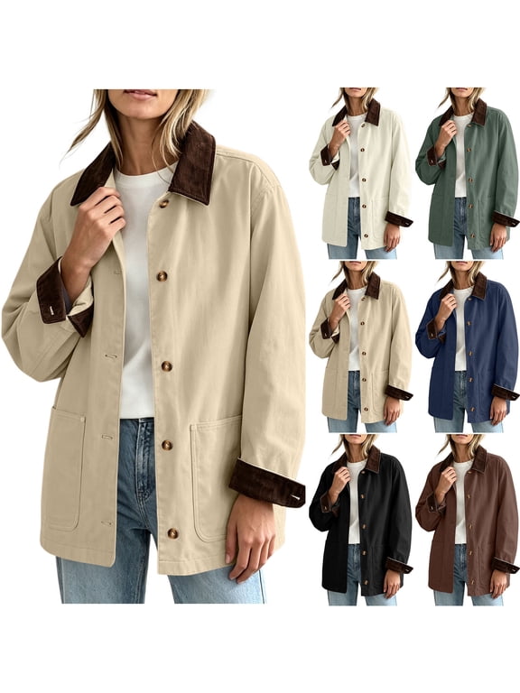 Womens Button down Barn Jackets Fall Oversized Vintage Corduroy Collar Coat Casual Long Sleeve Utility Jackets with Pockets S-XXL,Beige