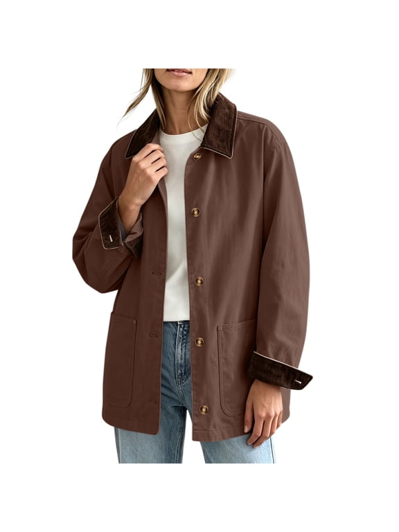 Womens Button down Barn Jackets Fall Oversized Vintage Corduroy Collar Coat Casual Long Sleeve Utility Jackets with Pockets S-XXL,Brown