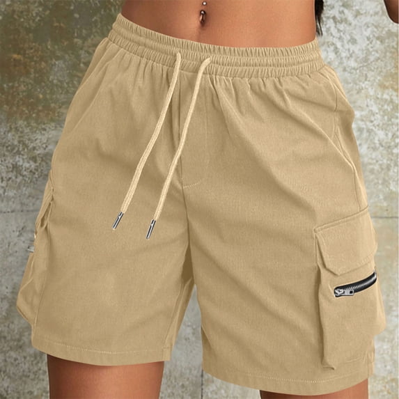 Lutiedan Womens Cargo Shorts Elastic High Waist Drawstring Summer Shorts Athletic Hiking Running Beach Shorts with Zipper Pockets