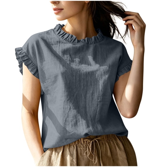Lutiedan Womens Cotton Linen Tops Ruffle Crew Neck Short Sleeve T-Shirt Summer Loose Fit Casual Outdoor Vacation Shirts