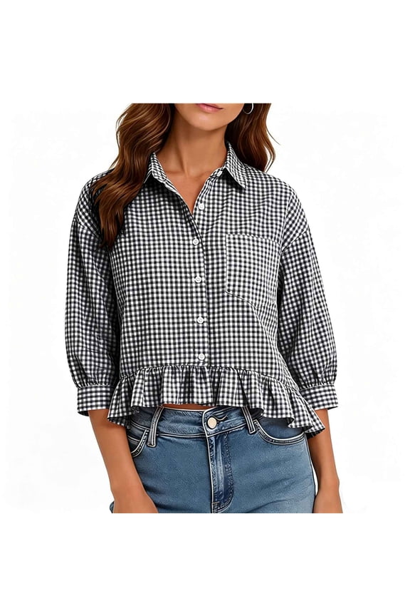 Womens Gingham Shirts Half Sleeve Button Down Ruffle Hem Tops Dressy Casual Loose Fit Collared Plaid Shirts