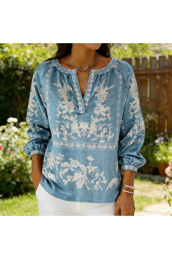 Womens Linen Tops Summer Retro Embroidered 3/4 Sleeve Boho Shirts Loose Fit V Neck Tunic Dressy Casual Blouses Beach Holiday Tops
