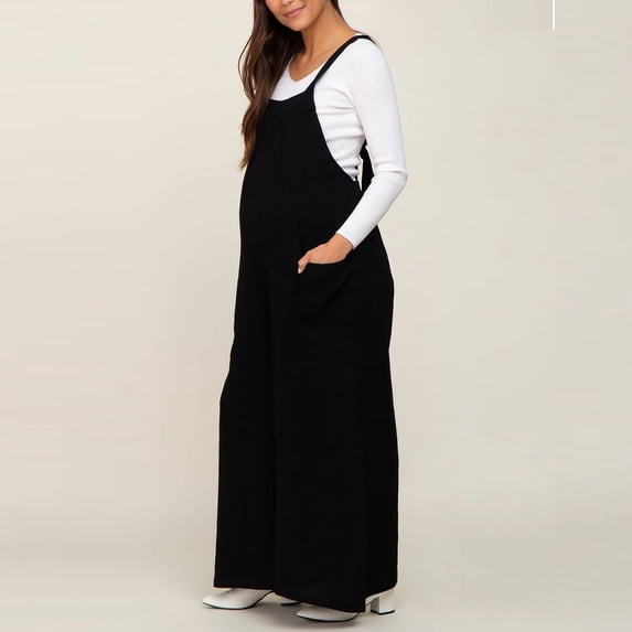 Lutiedan Womens Maternity Wide Leg Overalls Wide Strap Sleeveless Flowy Bottom Spring Summer Casual Pregnancy Jumpsuits with Pocket