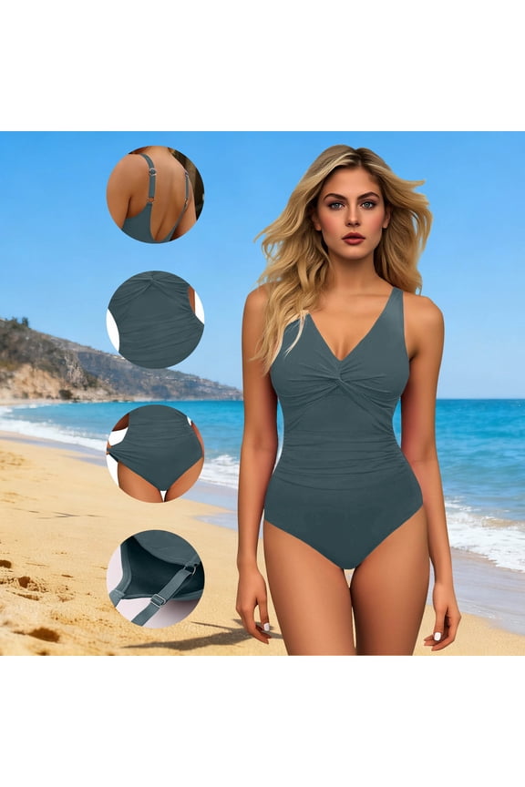 Womens One Piece Swimsuit Deep V Neck Open Back Bathing Suit Front Twist Ruched Slimming Swimwear with Adjustable Straps