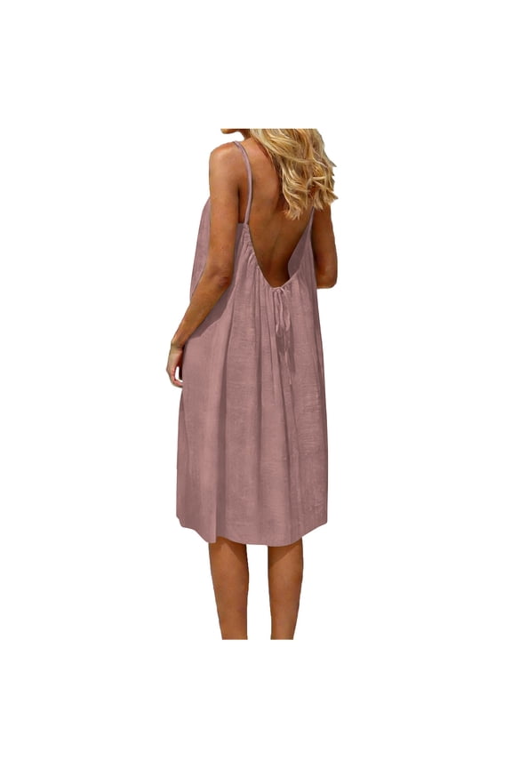 Womens Open Back Dresses Spaghetti Strap V Neck Back Drawstring Dress Loose Flowy Beach Vacation Dresses