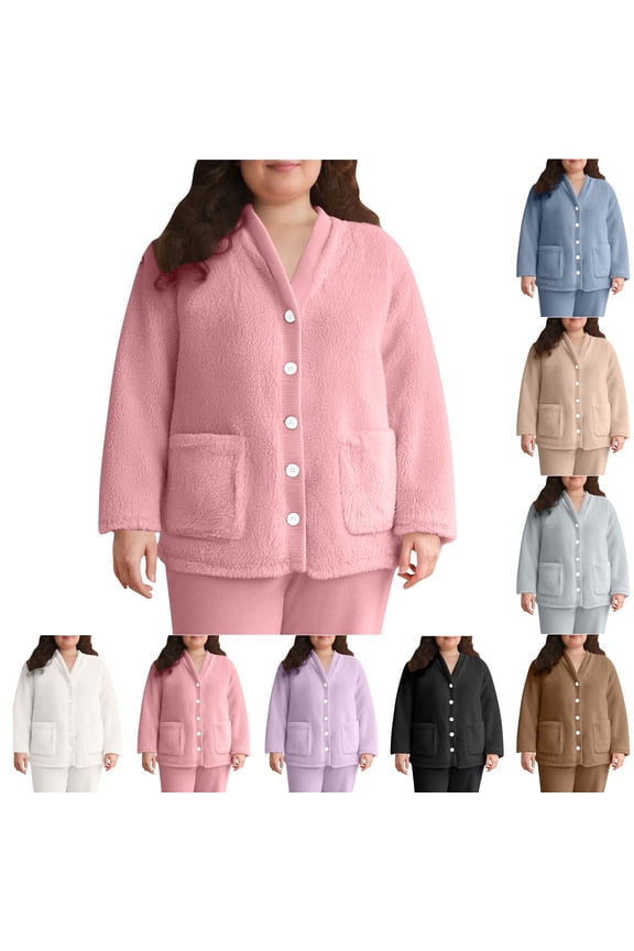 Womens Oversized Bed Jacket Double Sided Fleece Thickened Lounge Tops Winter Thermal Home Tops with Pocket,Gray