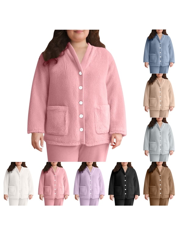 Womens Oversized Bed Jacket Double Sided Fleece Thickened Lounge Tops Winter Thermal Home Tops with Pocket,White