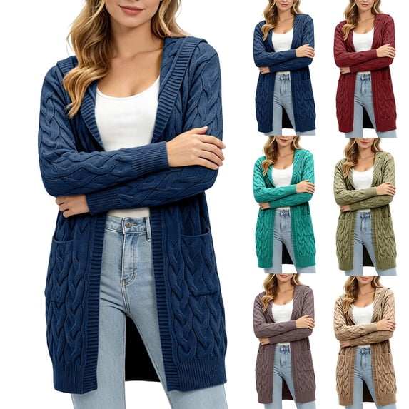 Lutiedan Womens Plus Size Hooded Cardigan Open front Cable Knit Sweater Coats Casual Warm Mid-Length Cardigan with Pockets S-5XL