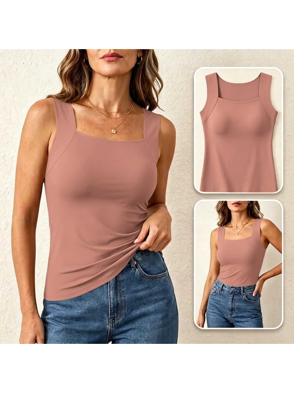 Womens Plus Size Tank Top Built in Bra Square Neck Slim Fit Stretch Tops Sleeveless Seamless Layering Cami S-6XL,Pink