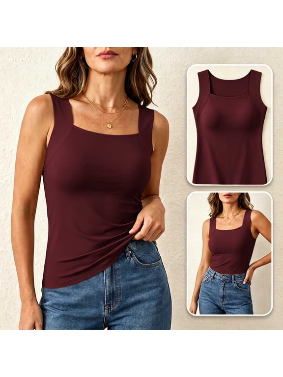 Womens Plus Size Tank Top Built in Bra Square Neck Slim Fit Stretch Tops Sleeveless Seamless Layering Cami S-6XL,Red
