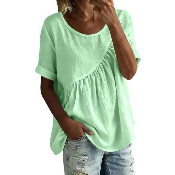 Lutiedan Womens Short Sleeve Tops Cotton Linen Crew Neck Pleated T-Shirts Summer Casual Loose Fit Vacation Shirts