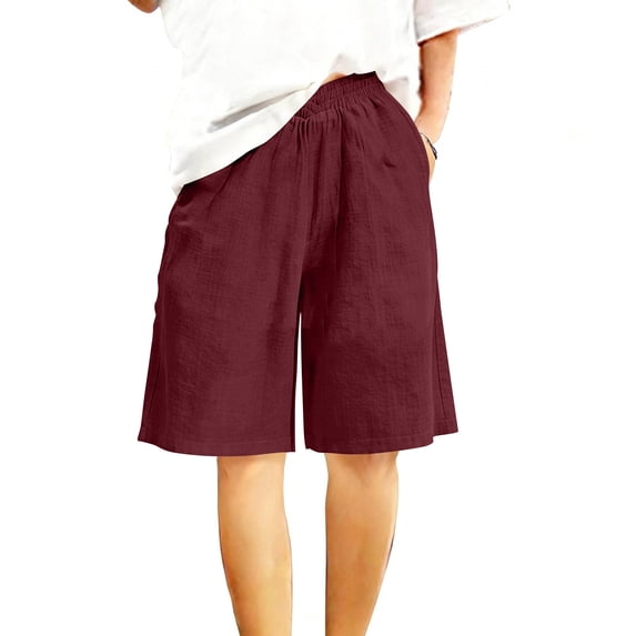 Lutiedan Womens Shorts Loose Wide Leg Elastic High Waisted Workout Pants Cotton Linen Athletic Knee Length Running Bermuda Shorts with Pockets