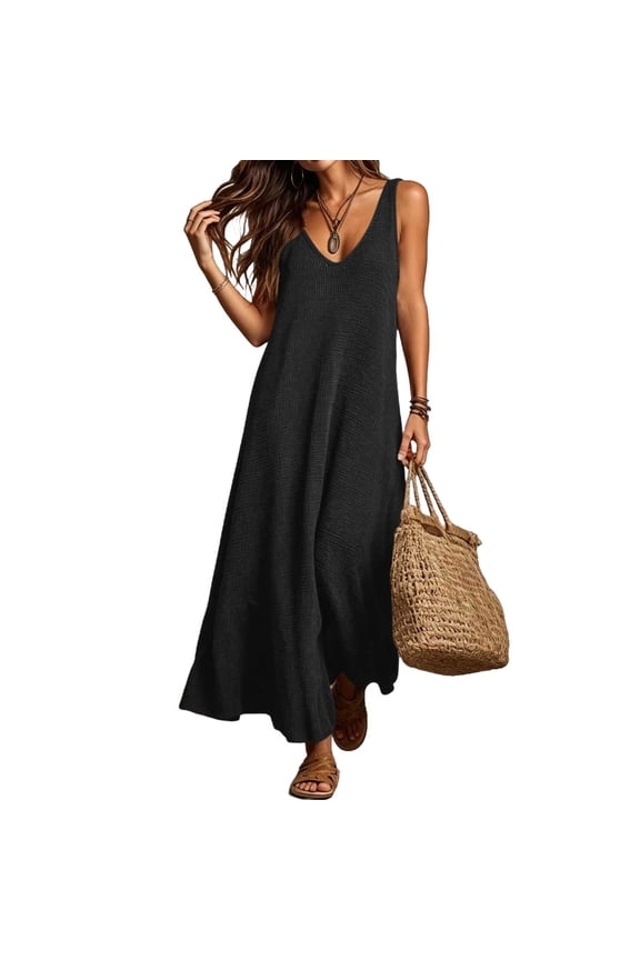 Womens Sleeveless Tank Dress V Neck Lightweight Knit Sweater Maxi Dress Casual Loose Fit A Line Flowy Dresses