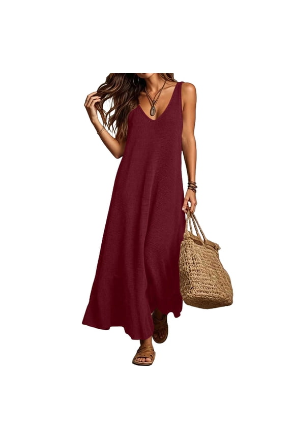Womens Sleeveless Tank Dress V Neck Lightweight Knit Sweater Maxi Dress Casual Loose Fit A Line Flowy Dresses