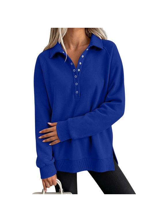 Womens Snap Button Sweatshirts Oversized Fleece Split Hem Pullover Tops Casual Long Sleeve Fall Winter Shirts S-XXL,Blue