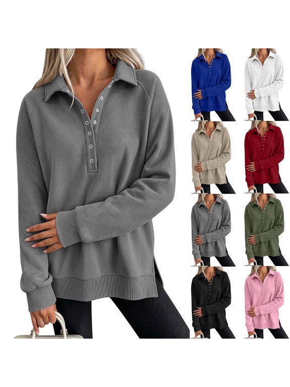 Womens Snap Button Sweatshirts Oversized Fleece Split Hem Pullover Tops Casual Long Sleeve Fall Winter Shirts S-XXL,Gray